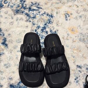 The Row Black Ruched Slide Sandals